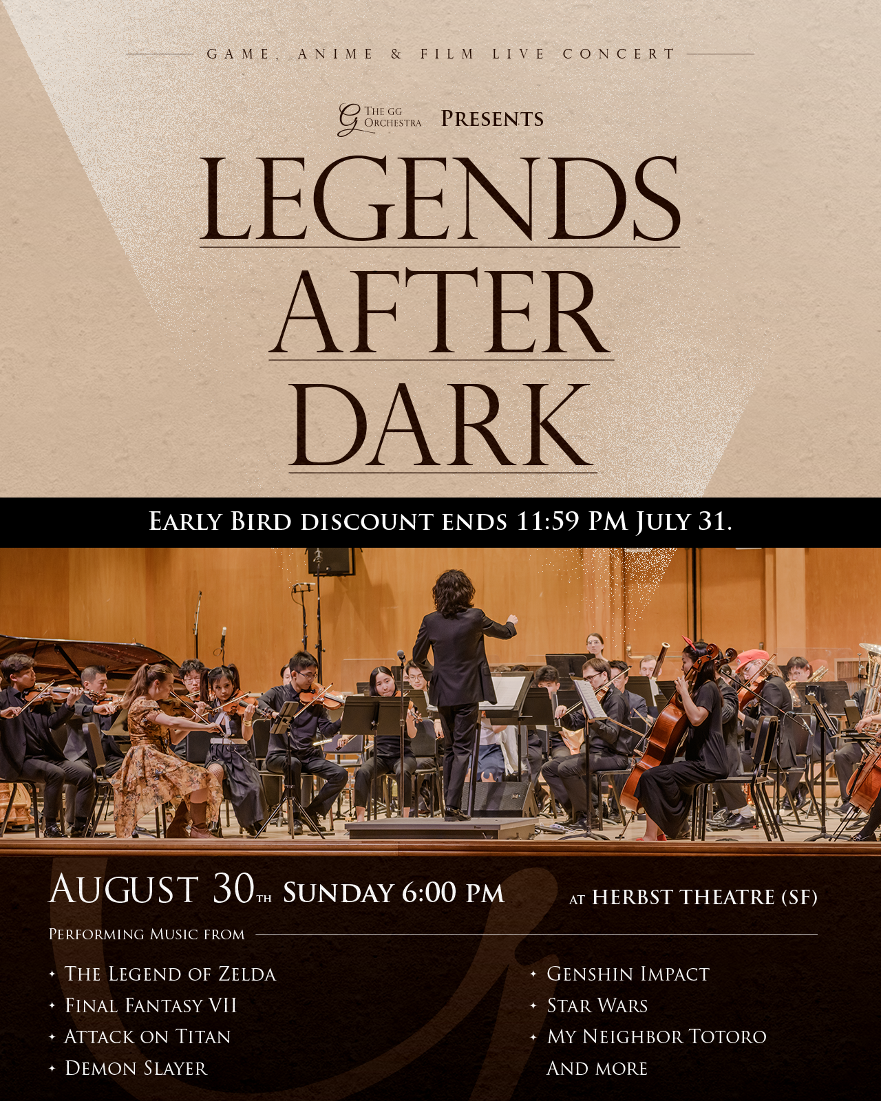 Legends After Dark — The GG Orchestra live at Herbst Theatre, August 30 concert poster